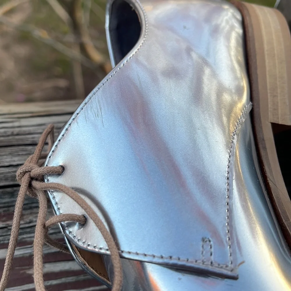 EVERLANE Italy Leather E2 Shine Modern Oxford Silver Lace up Women's Shoes Size - Picture 8 of 16